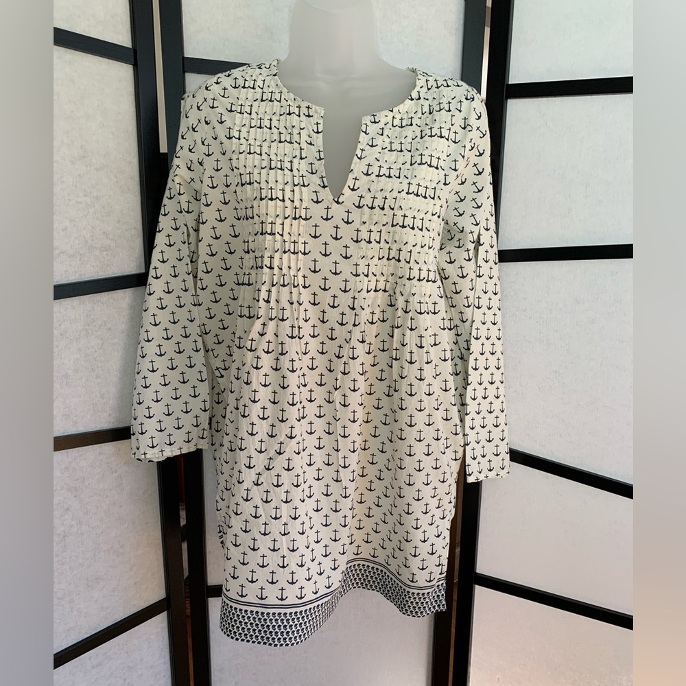 Pink Chicken Pintuck Tunic ~ Lightweight Cotton ~ Anchor Print ~ S